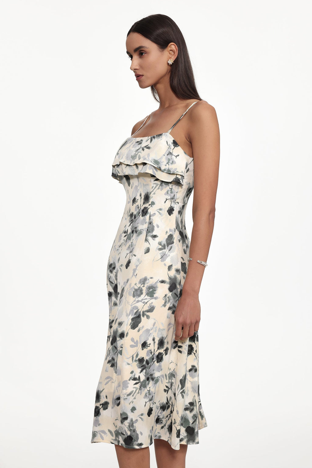 hilary Cinched Waist Sleeveless Ruffle Floral Print Woven Midi Dress Avalabel