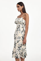 hilary Cinched Waist Sleeveless Ruffle Floral Print Woven Midi Dress Avalabel
