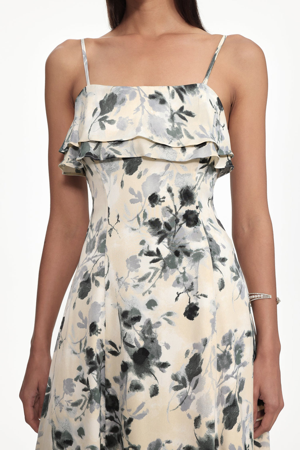 hilary Cinched Waist Sleeveless Ruffle Floral Print Woven Midi Dress Avalabel
