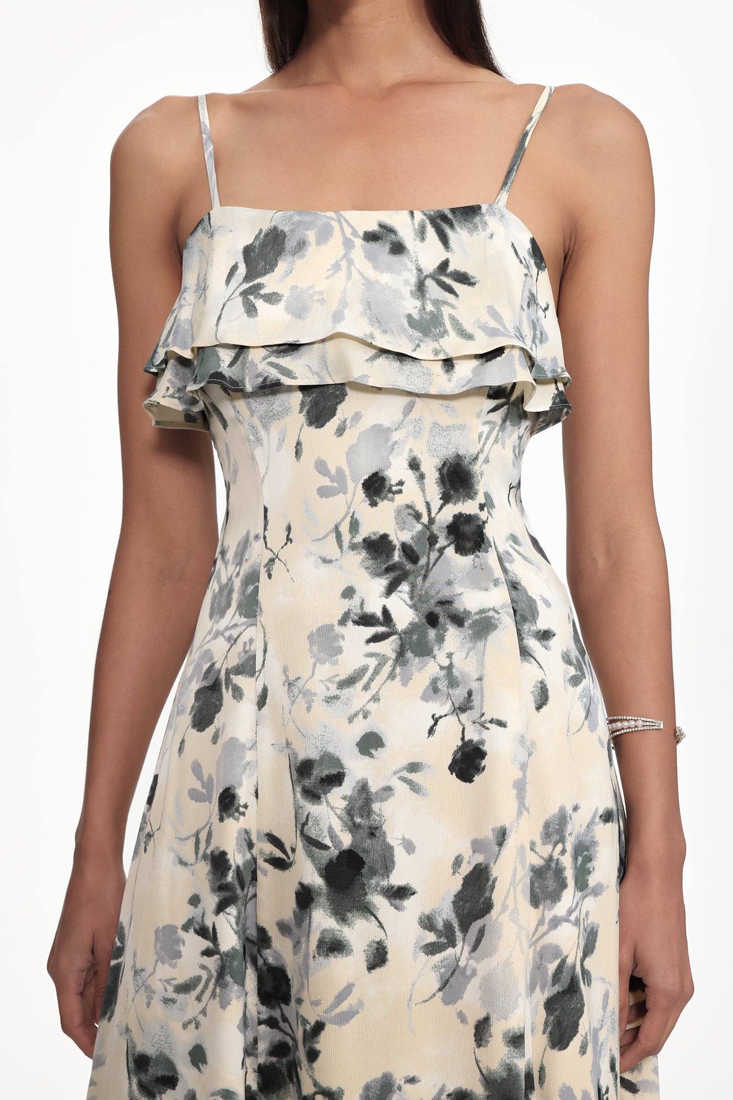 hilary Cinched Waist Sleeveless Ruffle Floral Print Woven Midi Dress Avalabel