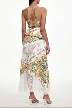 Georgia Flowy V Neck Floral Print Lace Woven Maxi Dress Avalabel