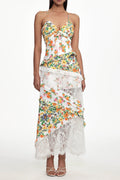 Georgia Flowy V Neck Floral Print Lace Woven Maxi Dress Avalabel