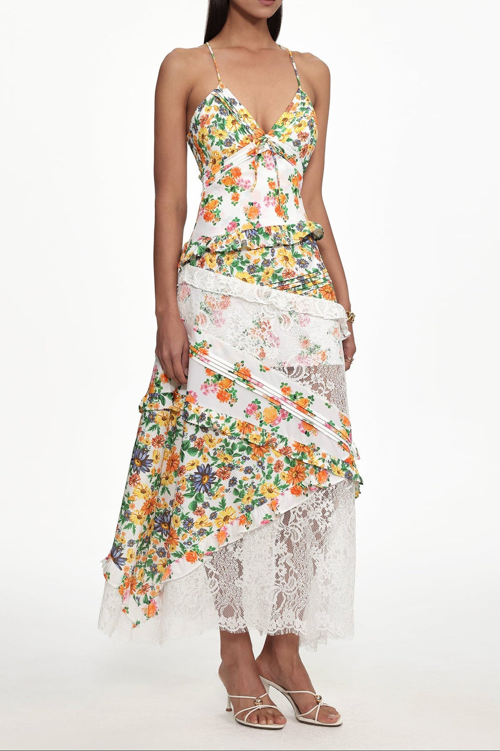 Georgia Flowy V Neck Floral Print Lace Woven Maxi Dress Avalabel