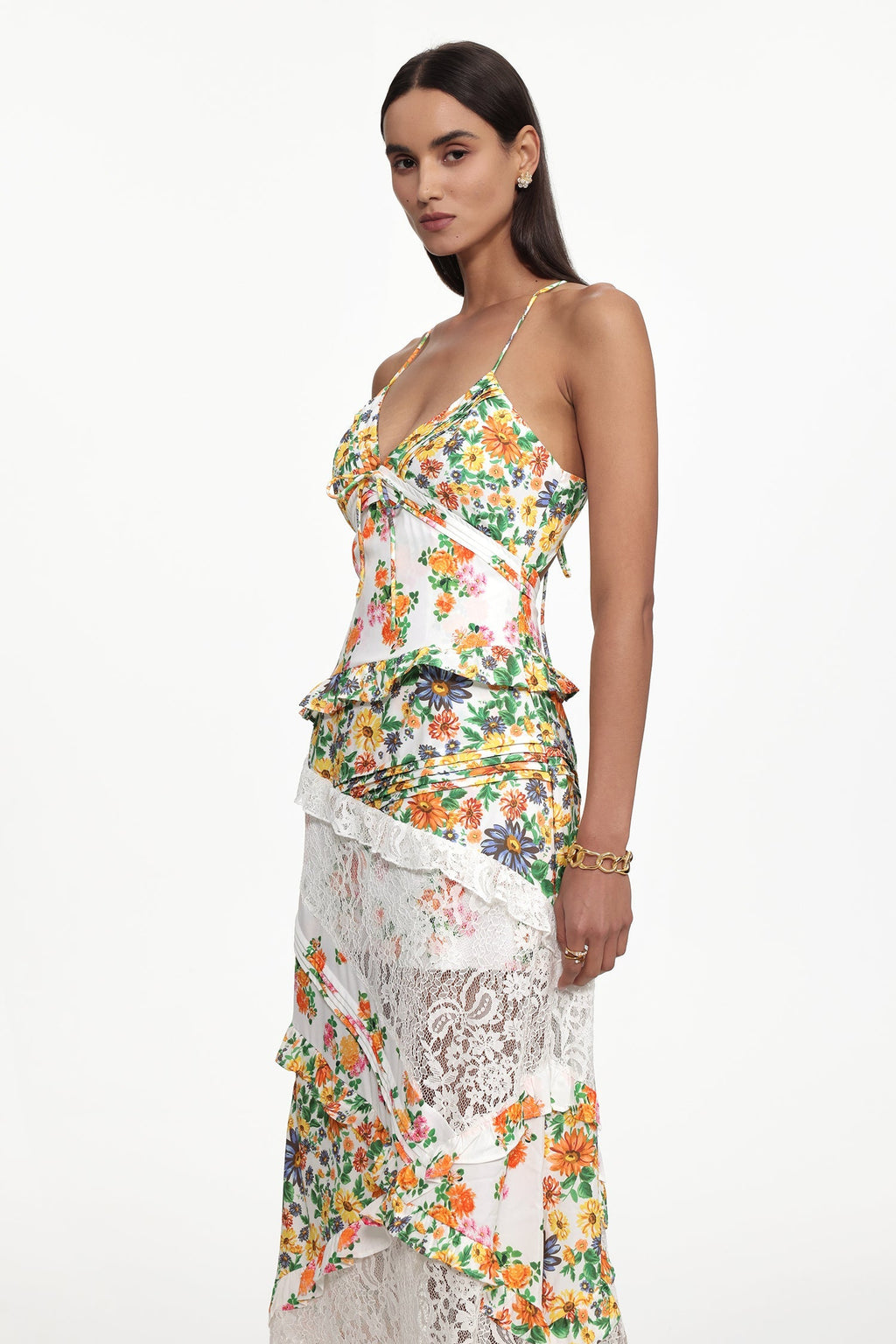Georgia Flowy V Neck Floral Print Lace Woven Maxi Dress Avalabel