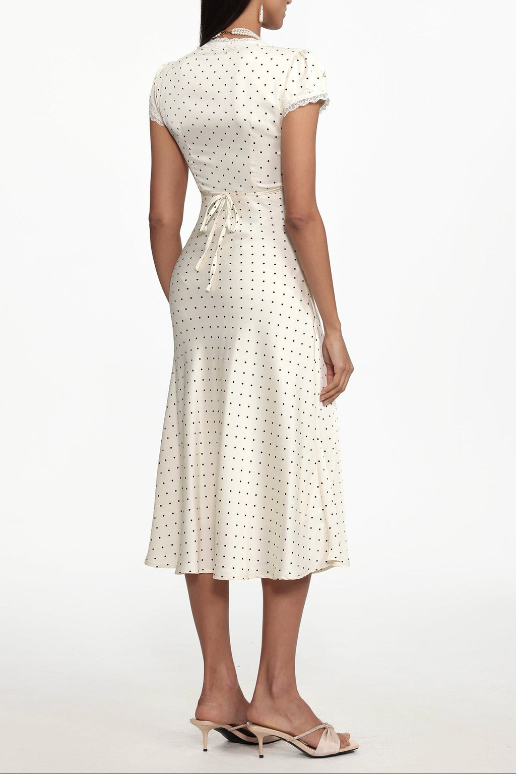 Lorraine Cinched Waist V Neck Short Sleeve Polka Dot Lace Woven Maxi Dress Avalabel