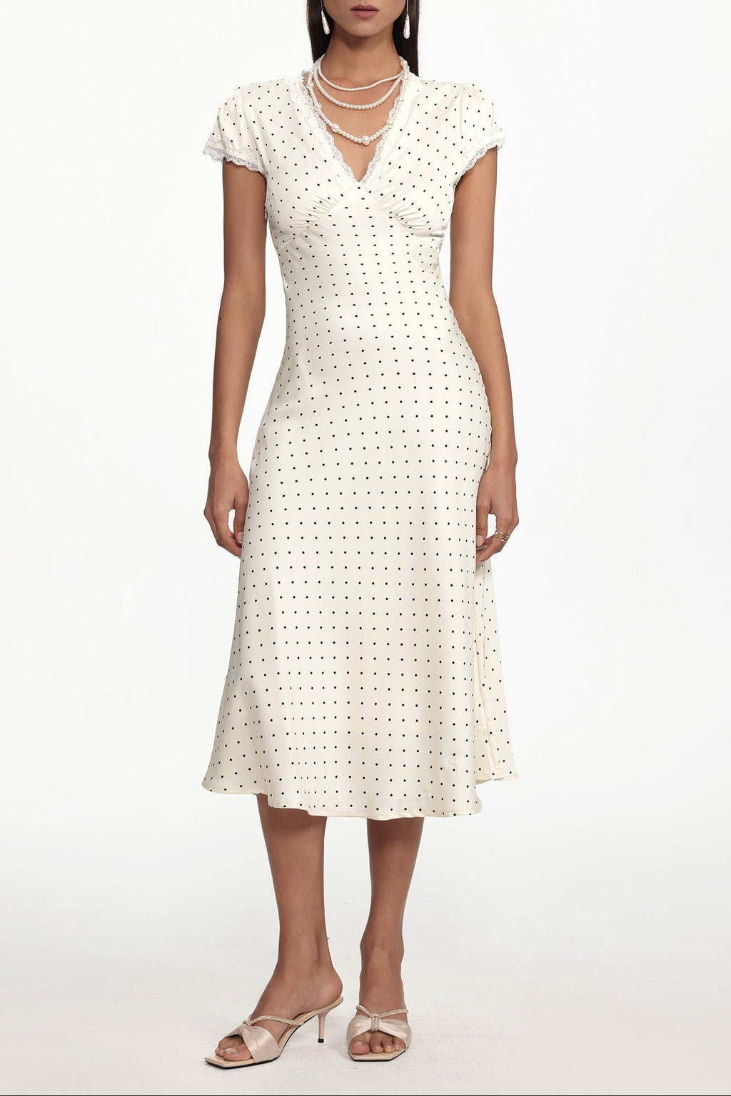 Lorraine Cinched Waist V Neck Short Sleeve Polka Dot Lace Woven Maxi Dress Avalabel