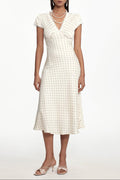 Lorraine Cinched Waist V Neck Short Sleeve Polka Dot Lace Woven Maxi Dress Avalabel
