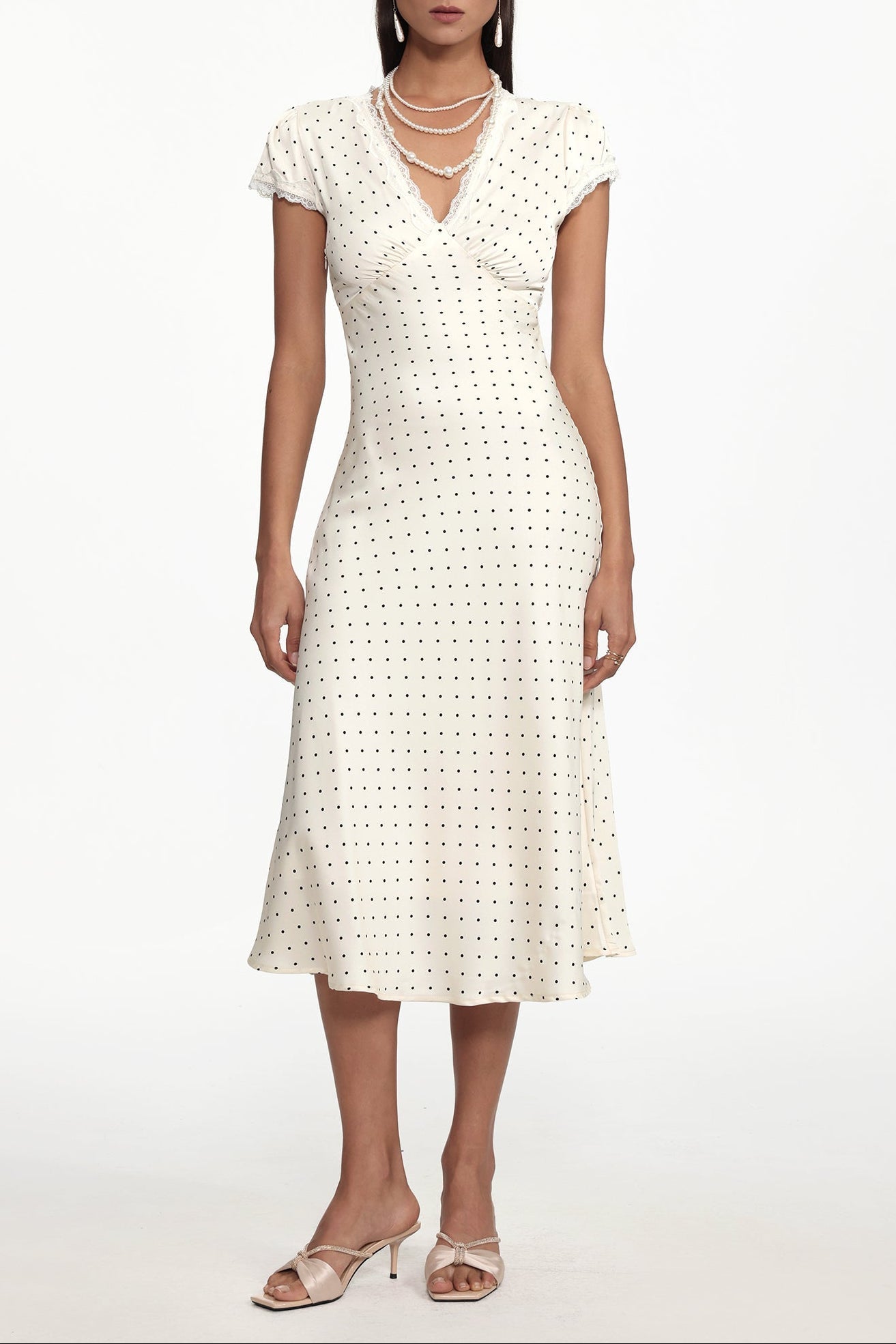 Lorraine Cinched Waist V Neck Short Sleeve Polka Dot Lace Woven Maxi Dress Avalabel