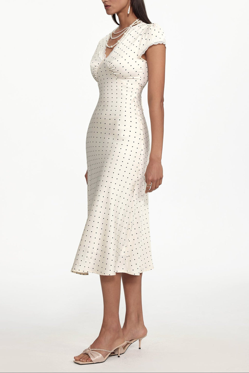 Lorraine Cinched Waist V Neck Short Sleeve Polka Dot Lace Woven Maxi Dress Avalabel