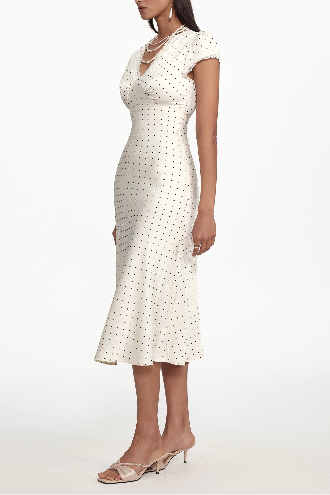 Lorraine Cinched Waist V Neck Short Sleeve Polka Dot Lace Woven Maxi Dress Avalabel