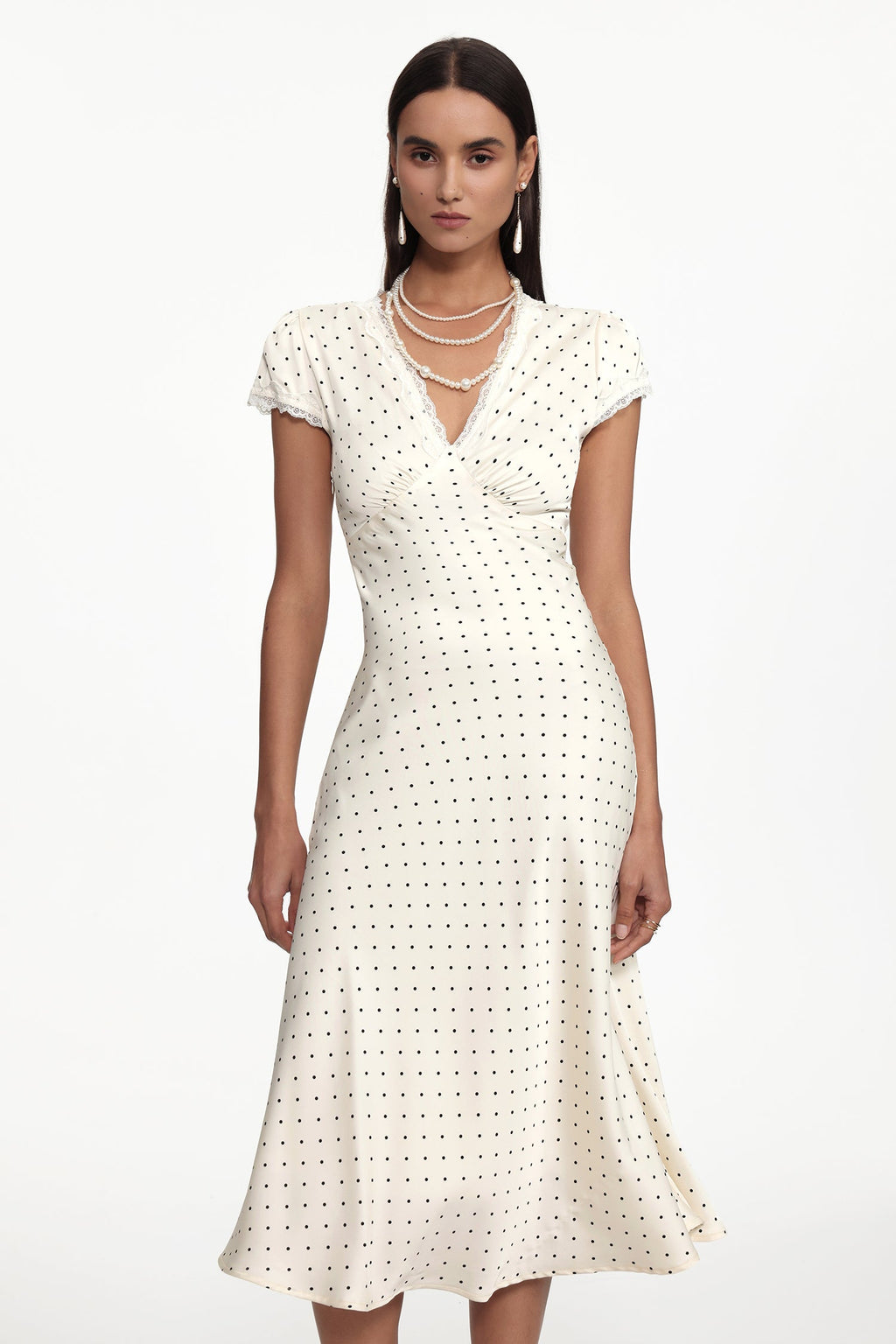 Lorraine Cinched Waist V Neck Short Sleeve Polka Dot Lace Woven Maxi Dress Avalabel