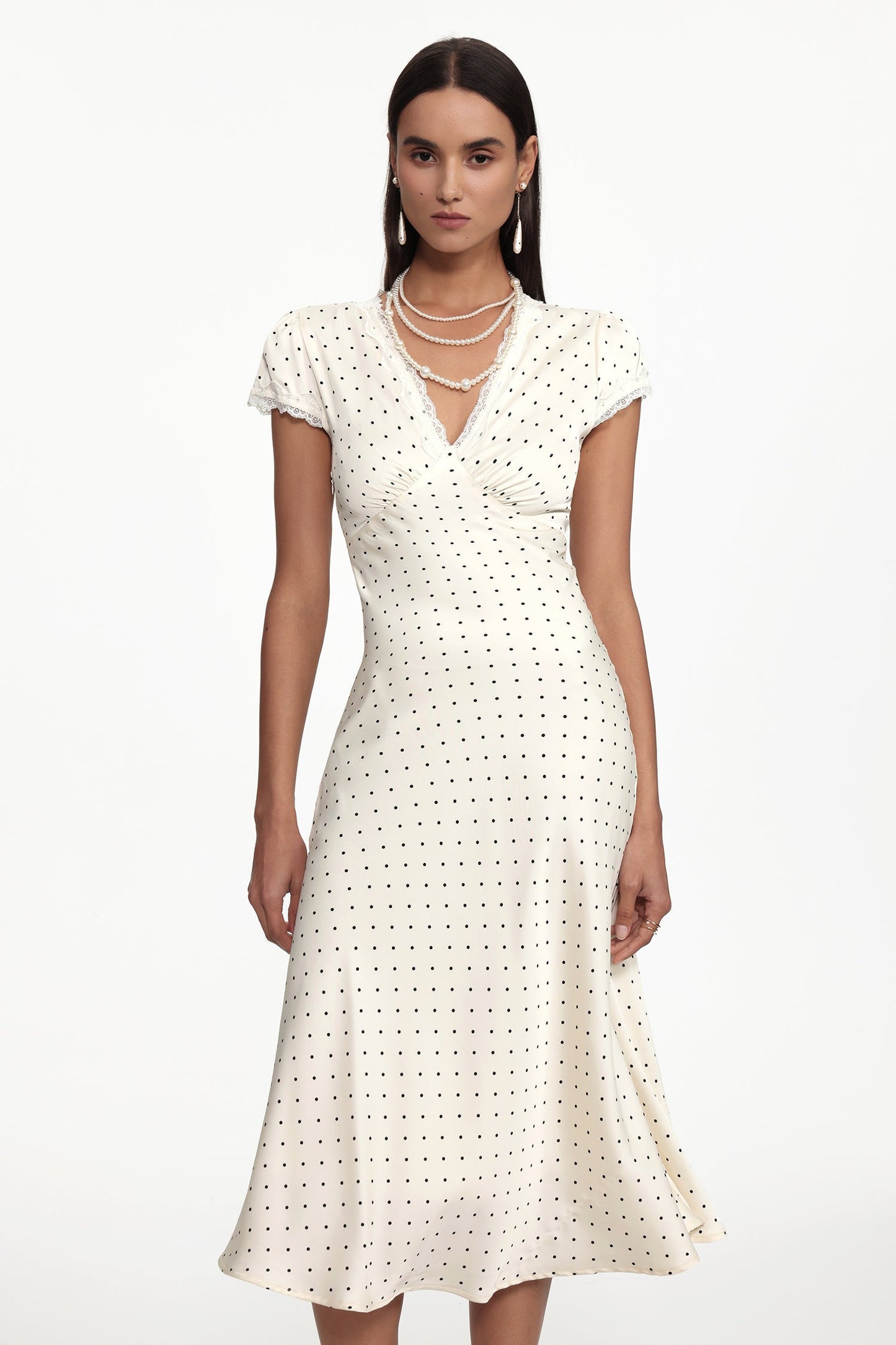 Lorraine Cinched Waist V Neck Short Sleeve Polka Dot Lace Woven Maxi Dress Avalabel