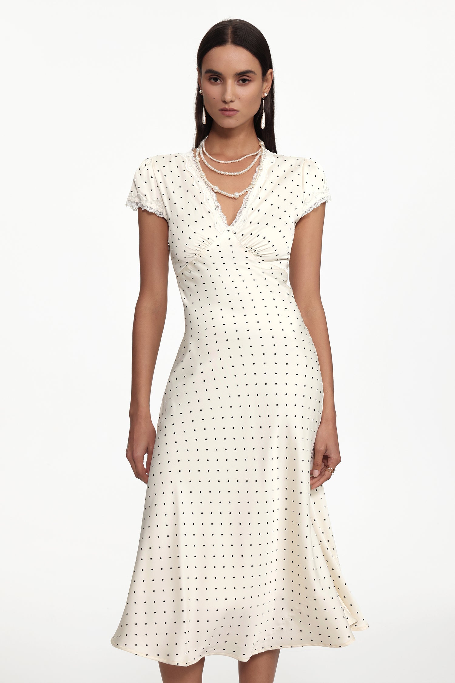 Lorraine Cinched Waist V Neck Short Sleeve Polka Dot Lace Woven Maxi Dress Avalabel