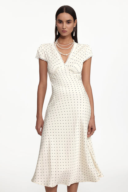 Lorraine Cinched Waist V Neck Short Sleeve Polka Dot Lace Woven Maxi Dress Avalabel