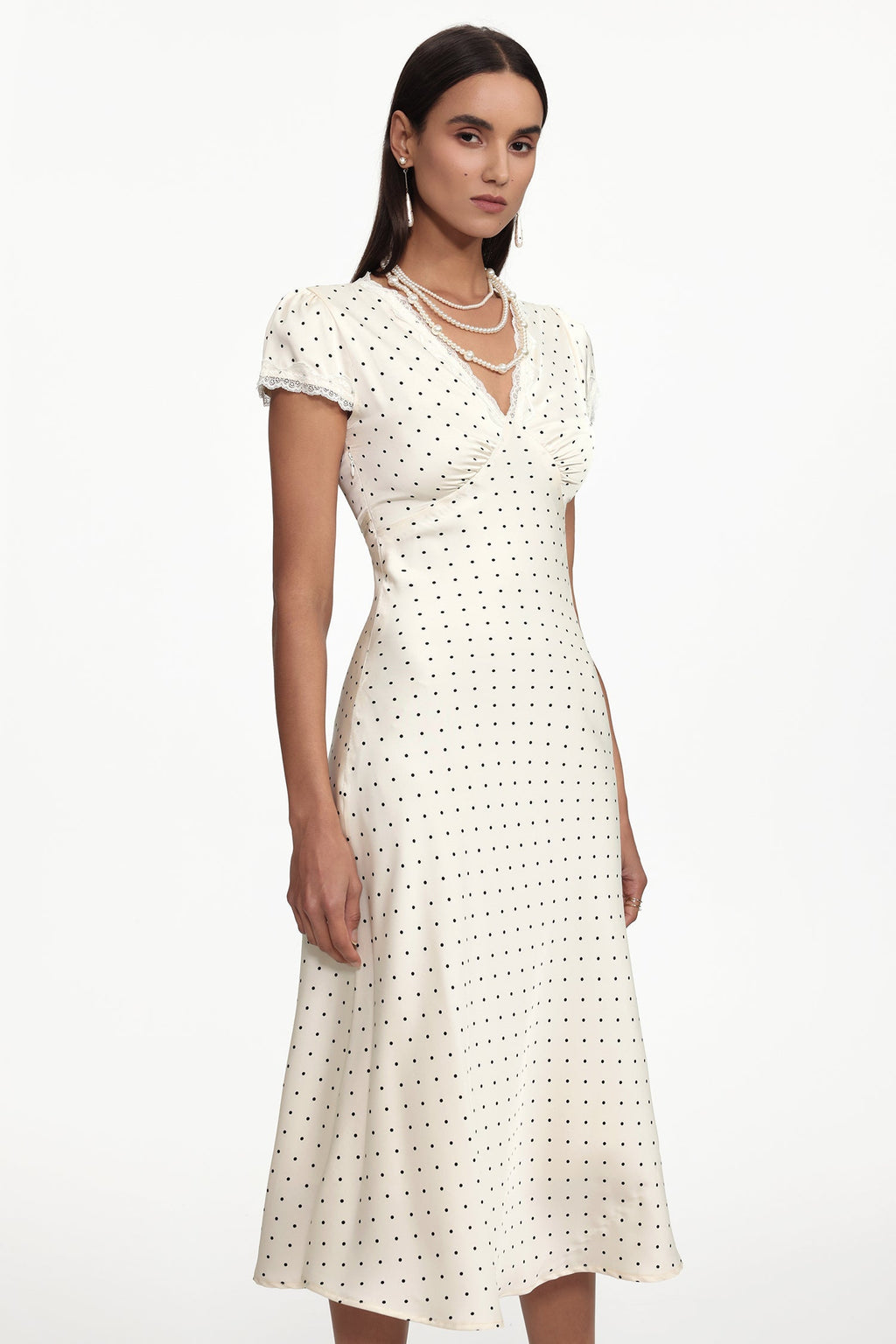 Lorraine Cinched Waist V Neck Short Sleeve Polka Dot Lace Woven Maxi Dress Avalabel