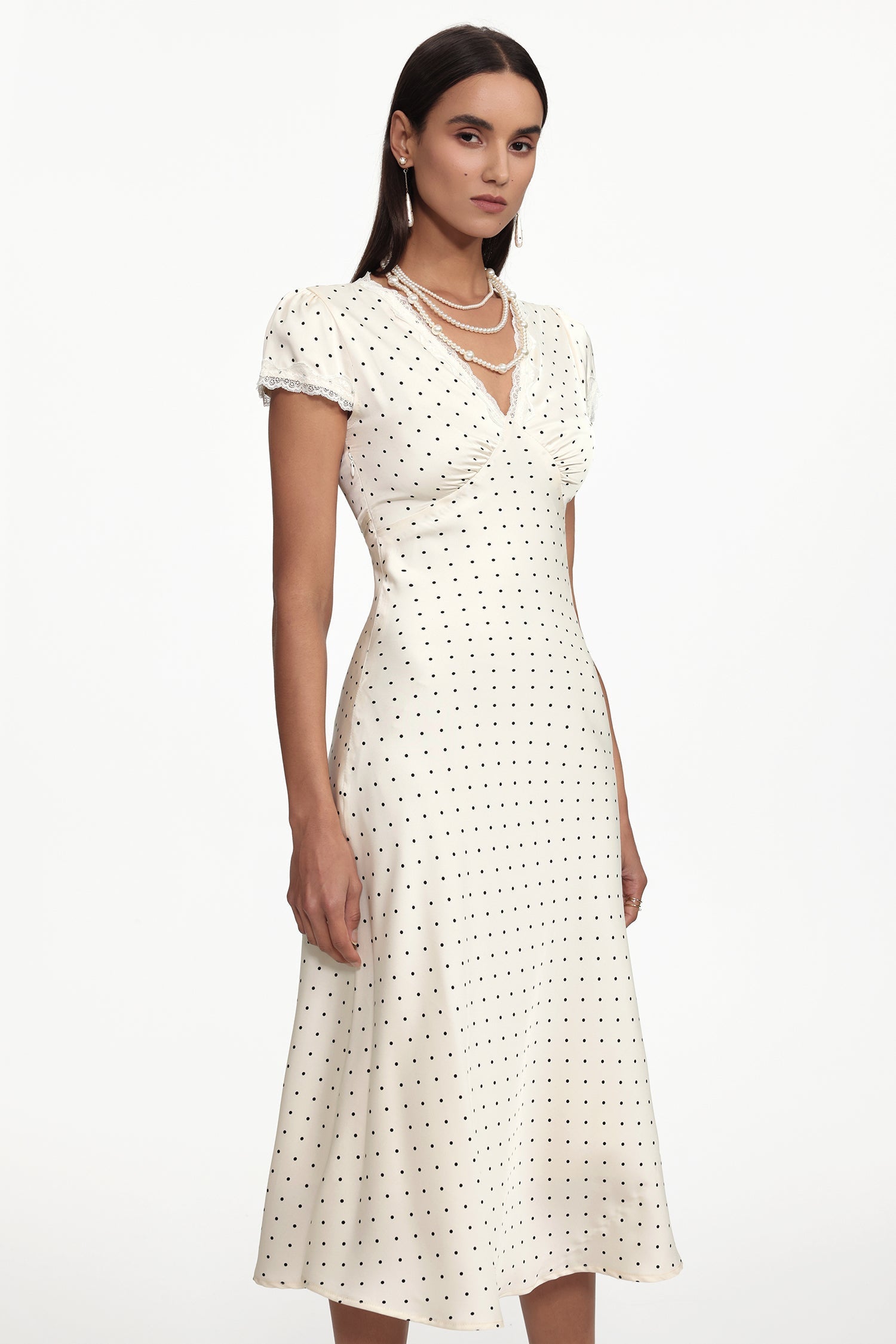 Lorraine Cinched Waist V Neck Short Sleeve Polka Dot Lace Woven Maxi Dress Avalabel