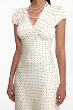 Lorraine Cinched Waist V Neck Short Sleeve Polka Dot Lace Woven Maxi Dress Avalabel