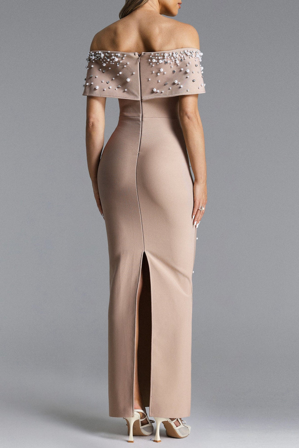Nude Pearl Embellished Off-Shoulder Mermaid Maxi Gown Avalabel