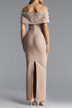Nude Pearl Embellished Off-Shoulder Mermaid Maxi Gown Avalabel