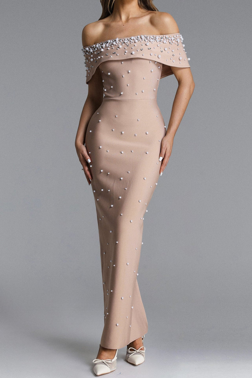 Nude Pearl Embellished Off-Shoulder Mermaid Maxi Gown Avalabel