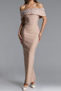 Nude Pearl Embellished Off-Shoulder Mermaid Maxi Gown Avalabel