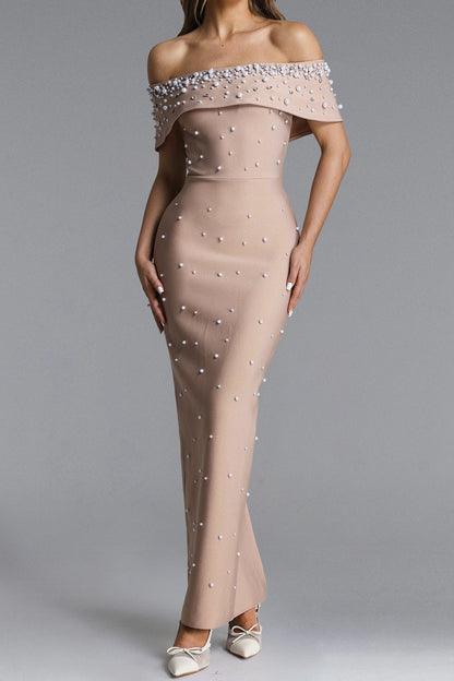 Nude Pearl Embellished Off-Shoulder Mermaid Maxi Gown