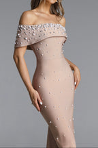 Nude Pearl Embellished Off-Shoulder Mermaid Maxi Gown Avalabel