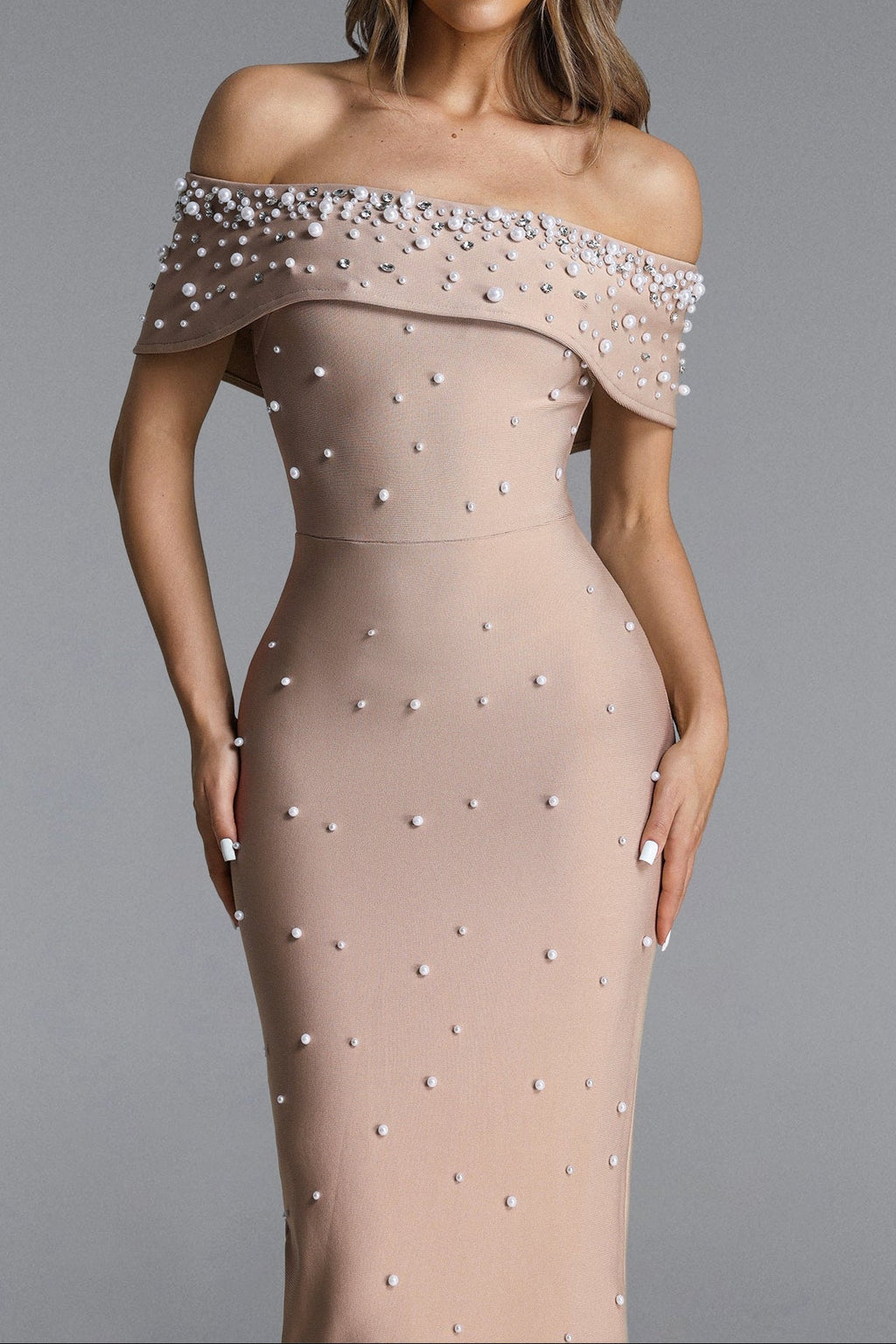 Nude Pearl Embellished Off-Shoulder Mermaid Maxi Gown Avalabel