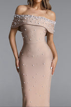 Nude Pearl Embellished Off-Shoulder Mermaid Maxi Gown Avalabel