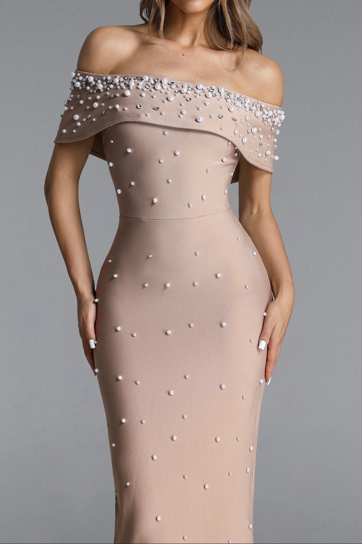 Nude Pearl Embellished Off-Shoulder Mermaid Maxi Gown Avalabel