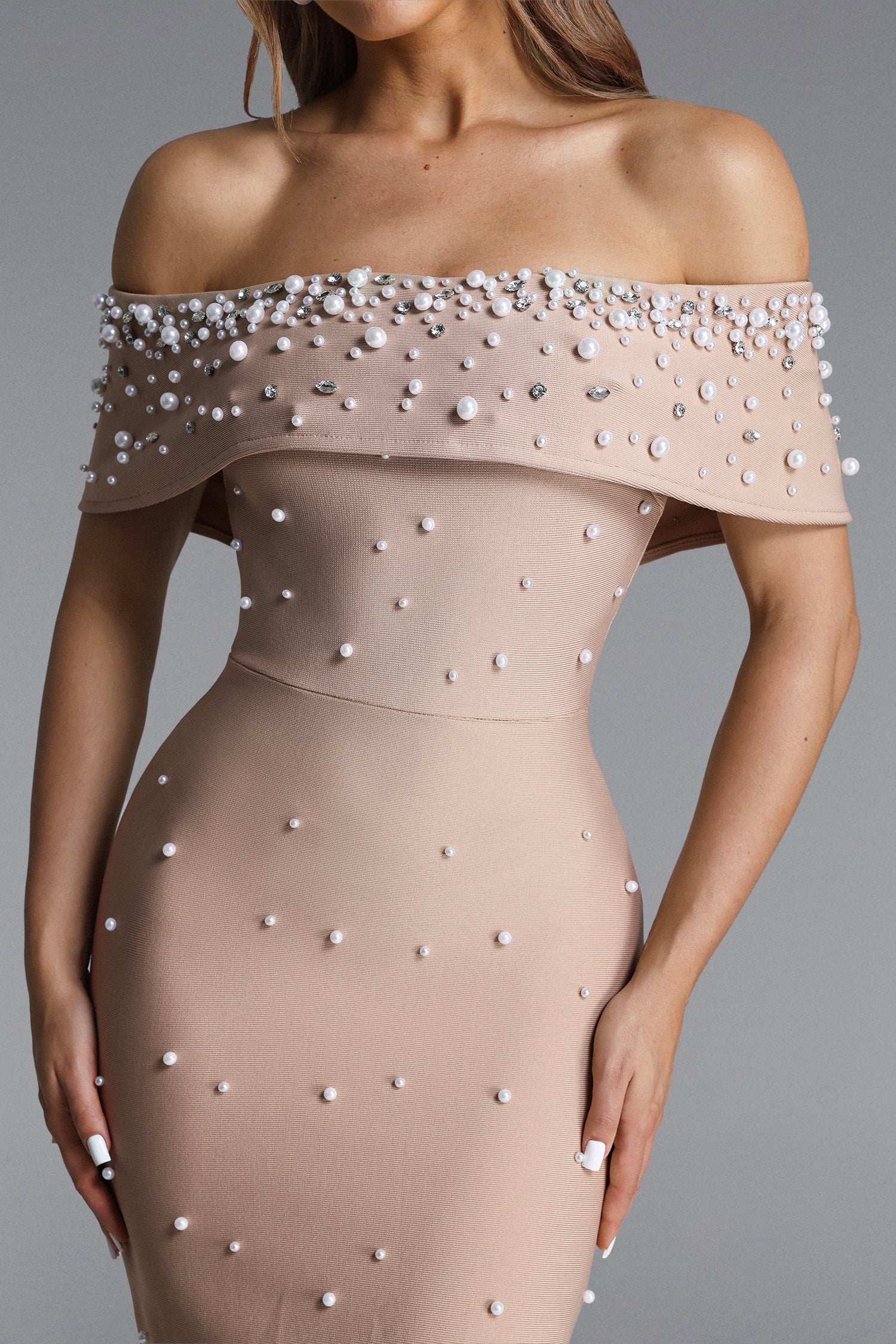 Nude Pearl Embellished Off-Shoulder Mermaid Maxi Gown Avalabel