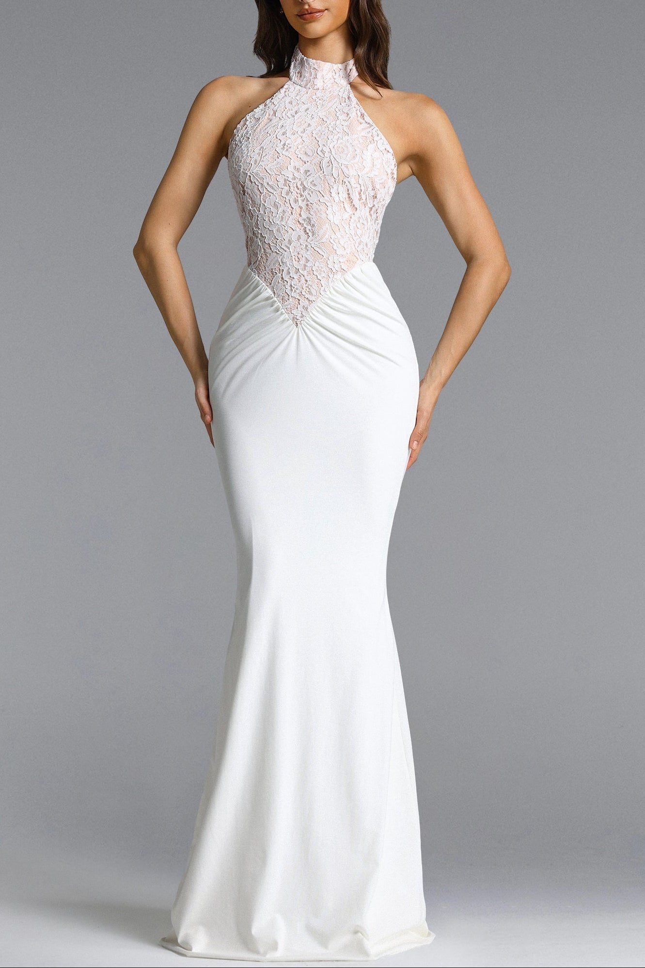 Fahrenheit White Halter Ruched Lace Maxi Dress Avalabel