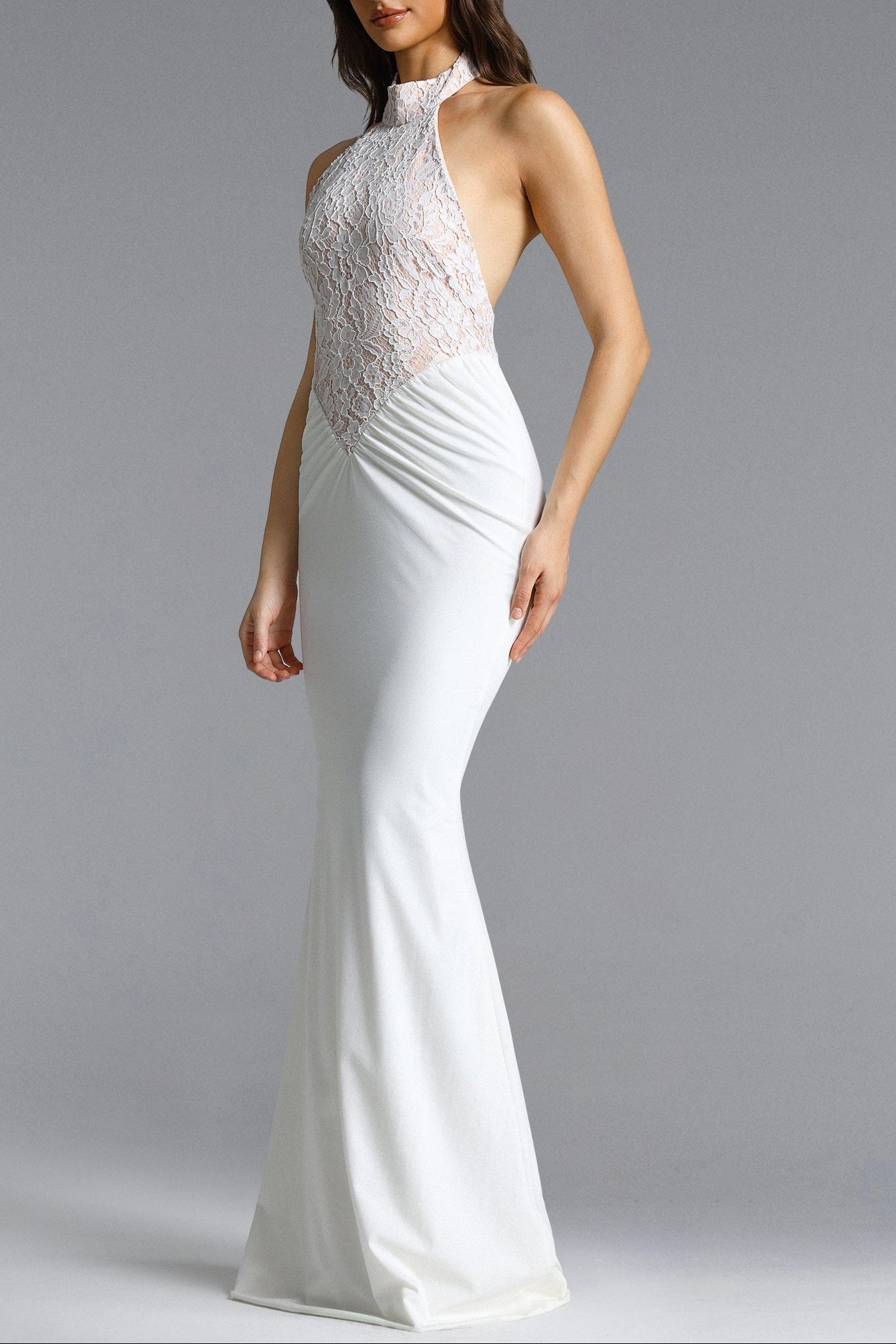 Fahrenheit White Halter Ruched Lace Maxi Dress Avalabel