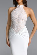 Fahrenheit White Halter Ruched Lace Maxi Dress Avalabel