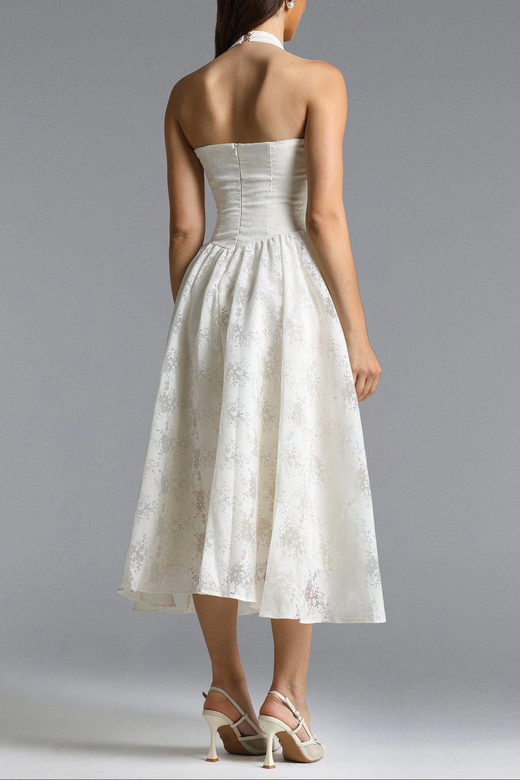 Delaney White Halter Floral Jacquard Midi Dress Avalabel