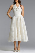 Delaney White Halter Floral Jacquard Midi Dress Avalabel