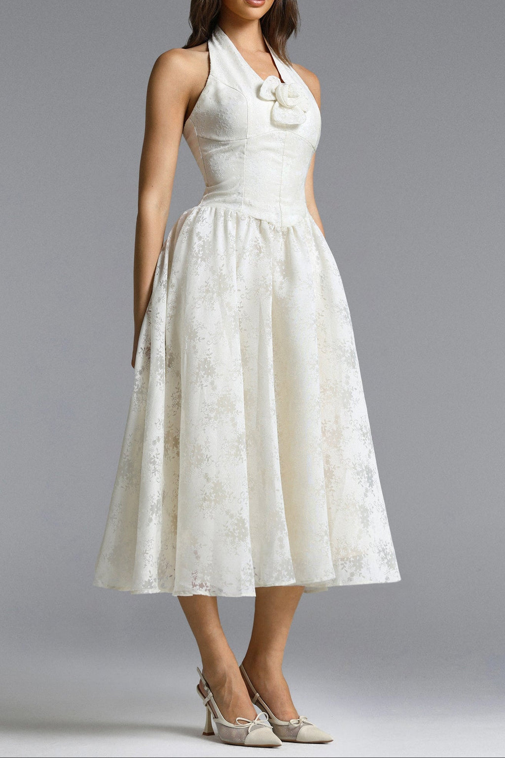 Delaney White Halter Floral Jacquard Midi Dress Avalabel