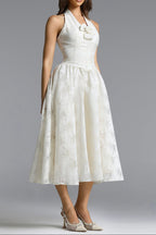 Delaney White Halter Floral Jacquard Midi Dress Avalabel
