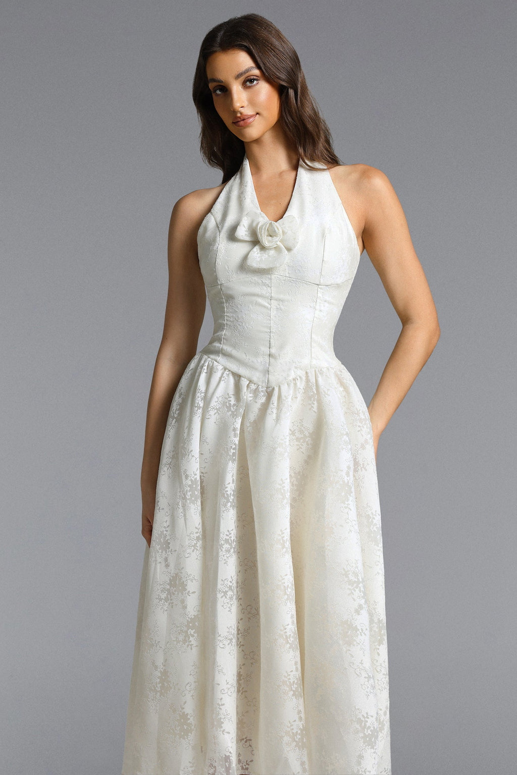 Delaney White Halter Floral Jacquard Midi Dress Avalabel