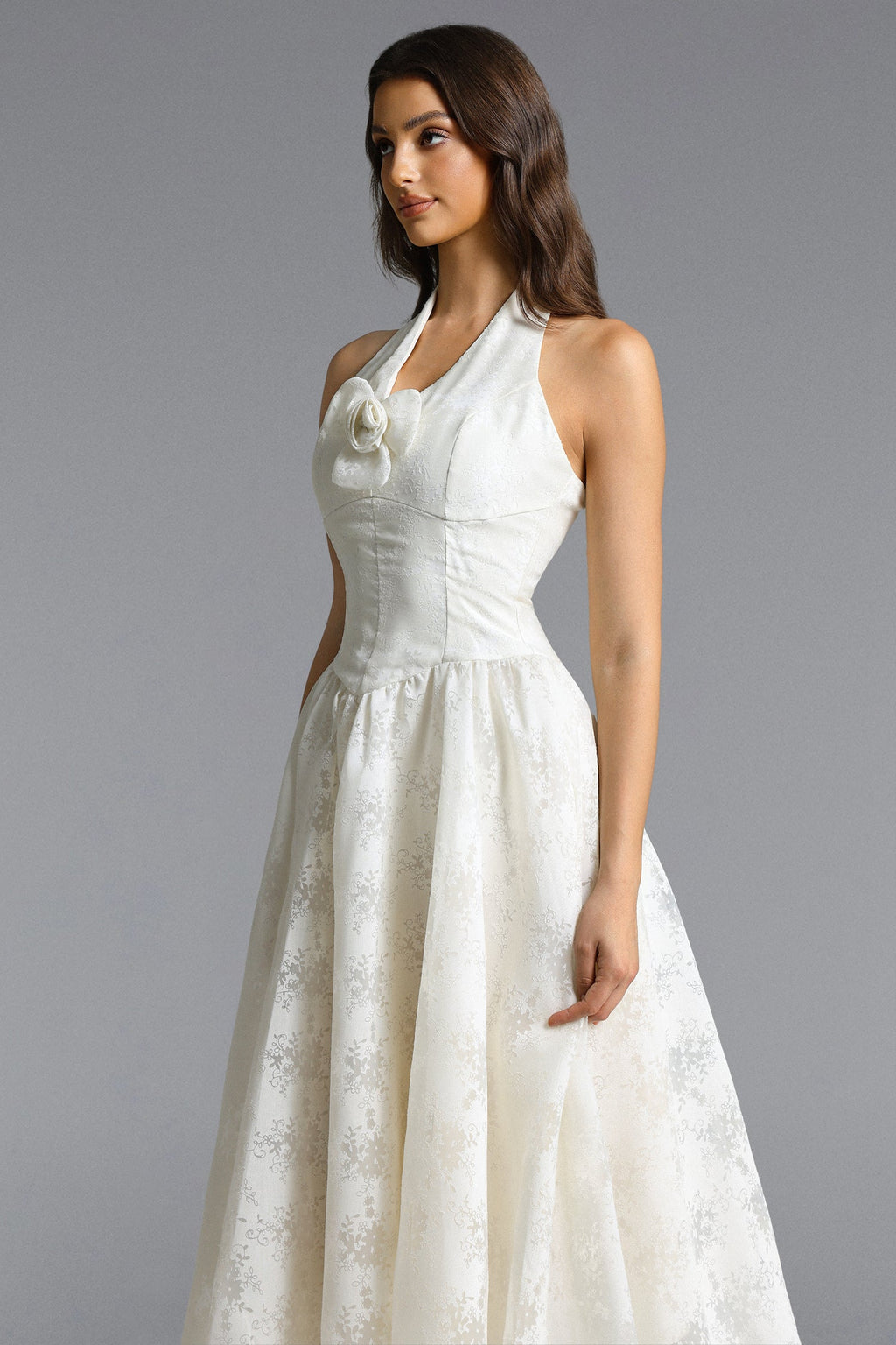 Delaney White Halter Floral Jacquard Midi Dress Avalabel