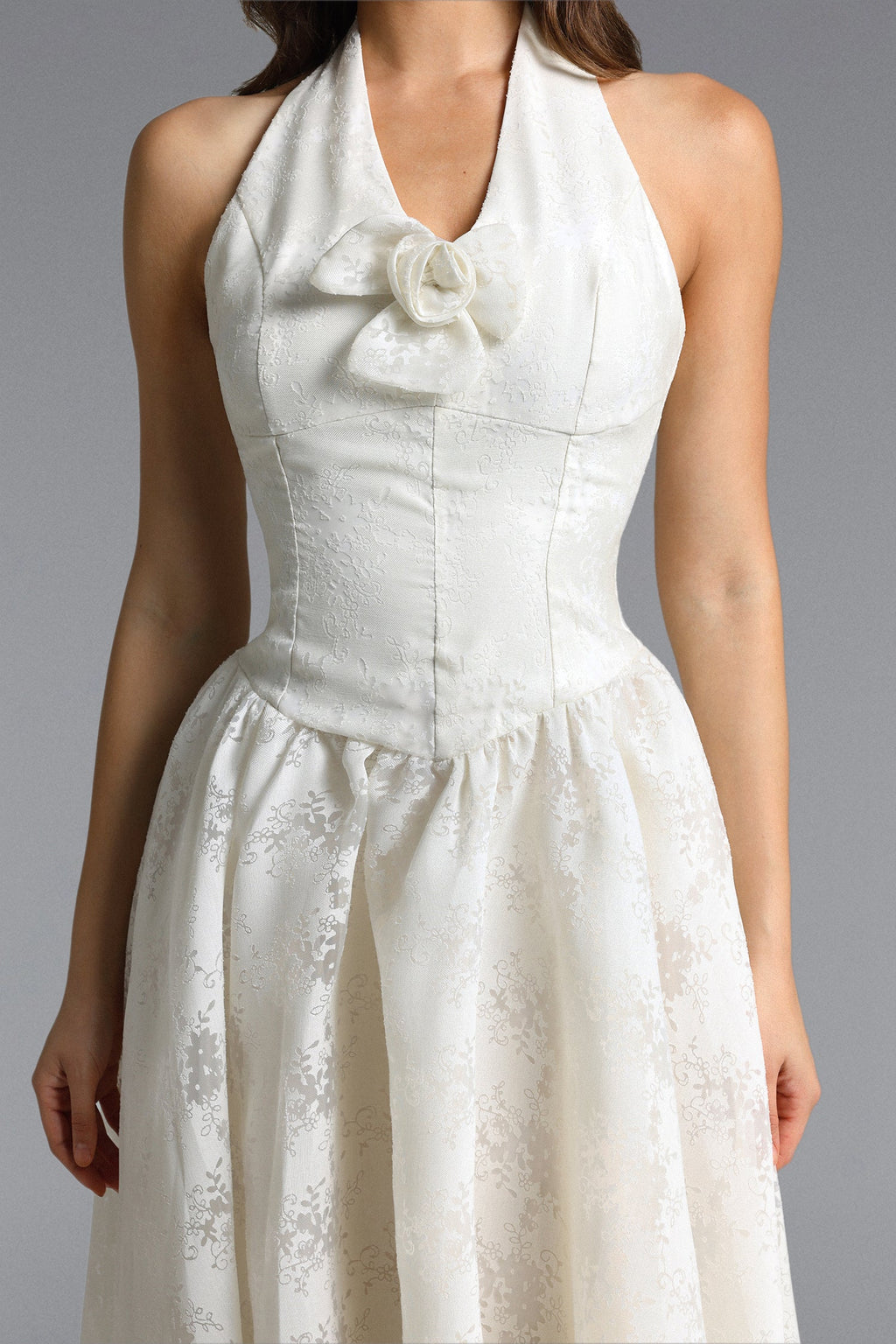 Delaney White Halter Floral Jacquard Midi Dress Avalabel