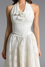 Delaney White Halter Floral Jacquard Midi Dress Avalabel