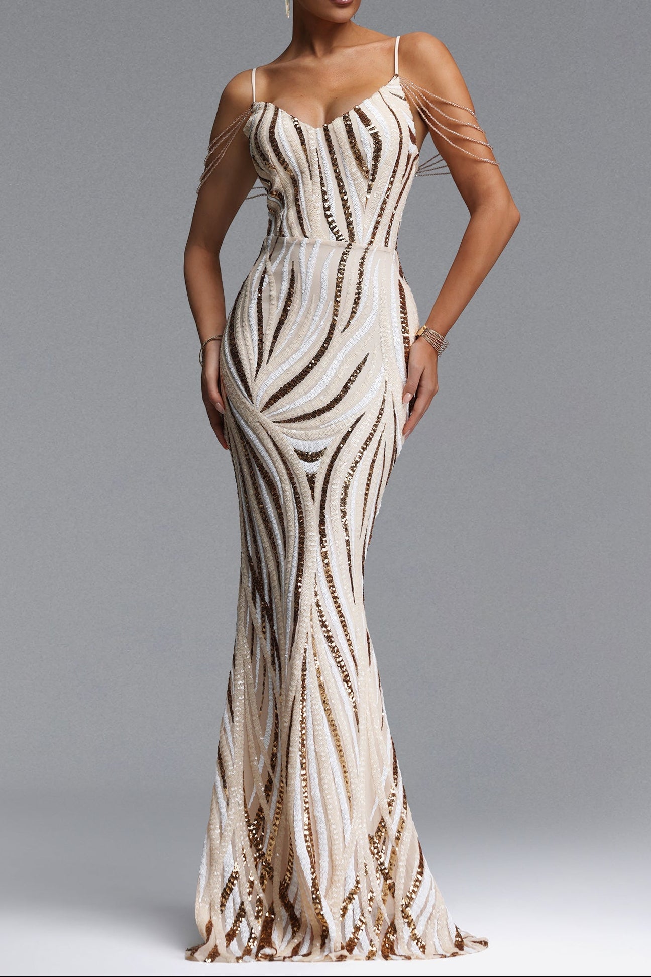 Champagne Linear Sequin Spaghetti Strap Mermaid Maxi Evening Gown Avalabel