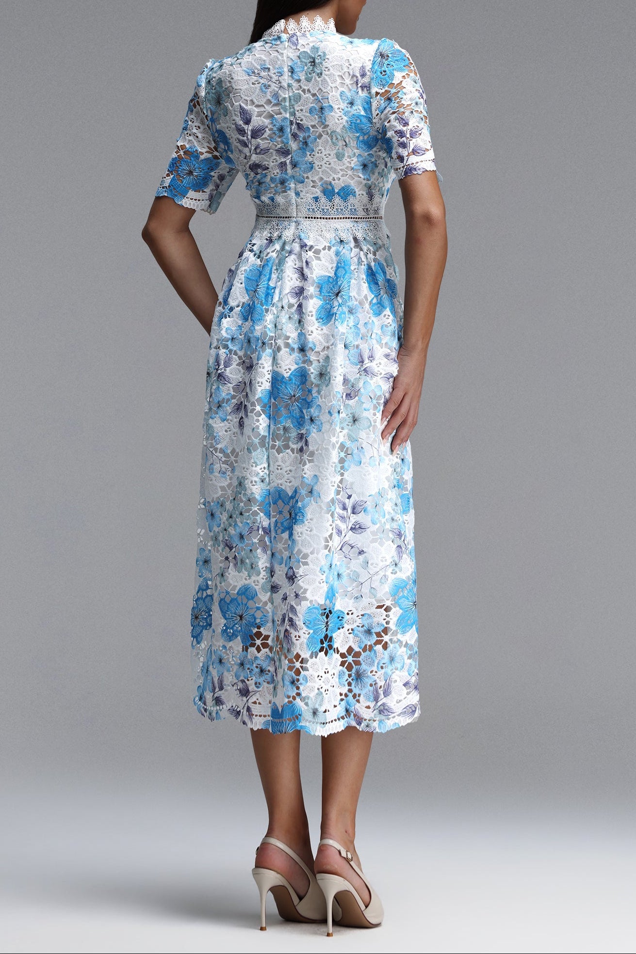 Blue Floral Hollow Lace High Neck Short Puff Sleeve Midi A-Line Dress Avalabel