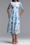 Blue Floral Hollow Lace High Neck Short Puff Sleeve Midi A-Line Dress Avalabel