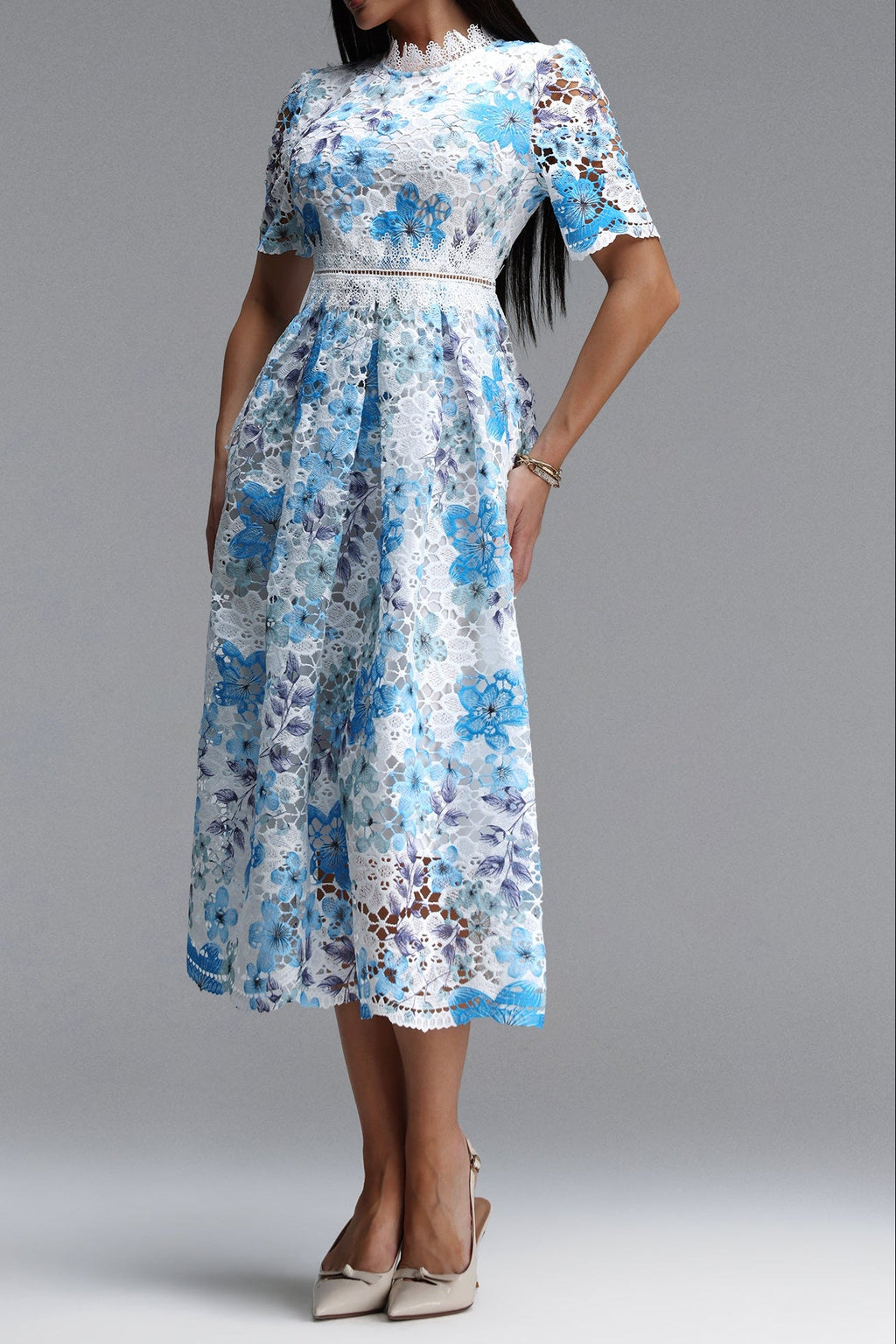Blue Floral Hollow Lace High Neck Short Puff Sleeve Midi A-Line Dress Avalabel