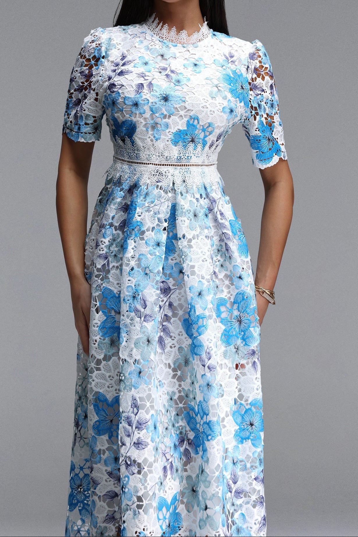 Blue Floral Hollow Lace High Neck Short Puff Sleeve Midi A-Line Dress Avalabel