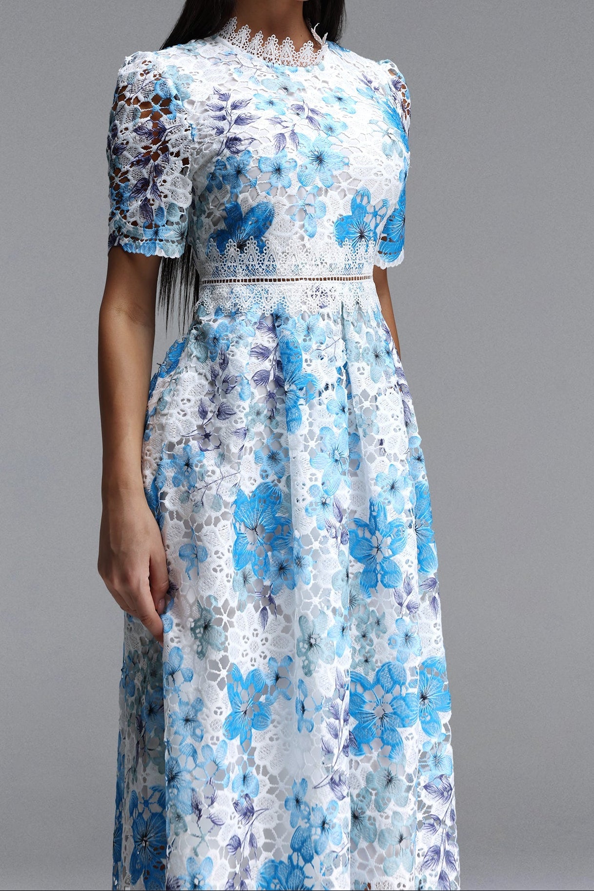 Blue Floral Hollow Lace High Neck Short Puff Sleeve Midi A-Line Dress Avalabel