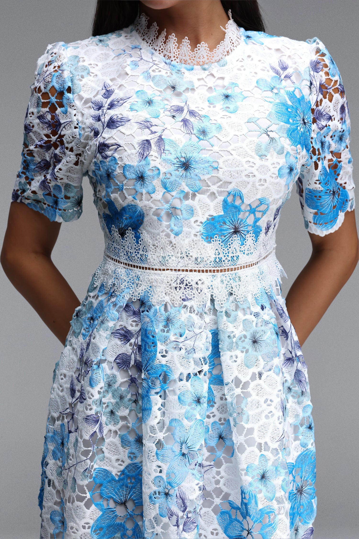 Blue Floral Hollow Lace High Neck Short Puff Sleeve Midi A-Line Dress Avalabel