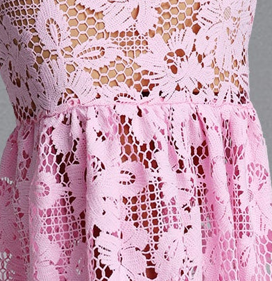 Pink Hollow Floral Crochet Lace Thin Spaghetti Strap Scalloped Neck Fishtail Mermaid Dress - Avalabel